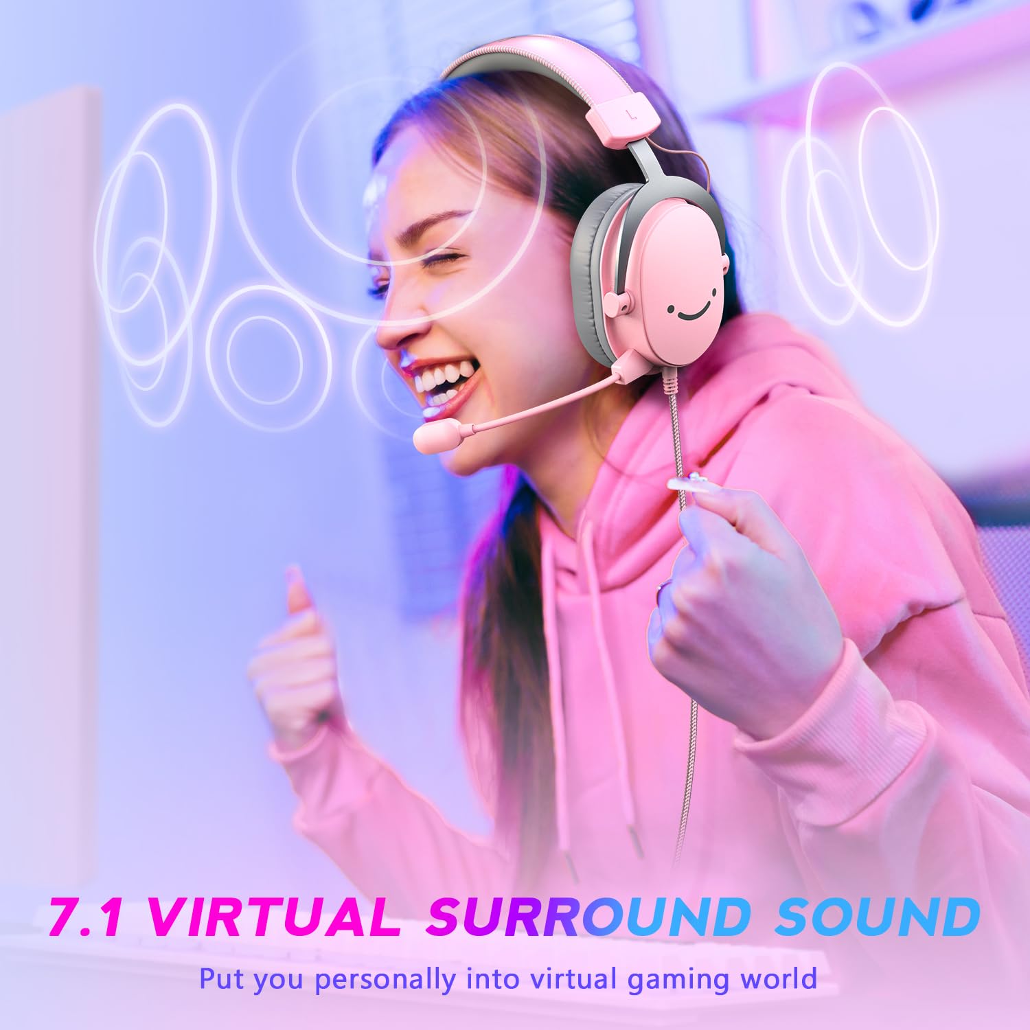 FIFINE Pink Gaming Headset with Microphone - 3.5mm/USB Over-Ear Headphones for PC, Xbox, PS4/PS5 - 7.1 Surround Sound, Detachable Mic & Soft Earmuffs - Perfect for Gaming, Streaming & Online Meetings (AmpliGame H9 Pink)
