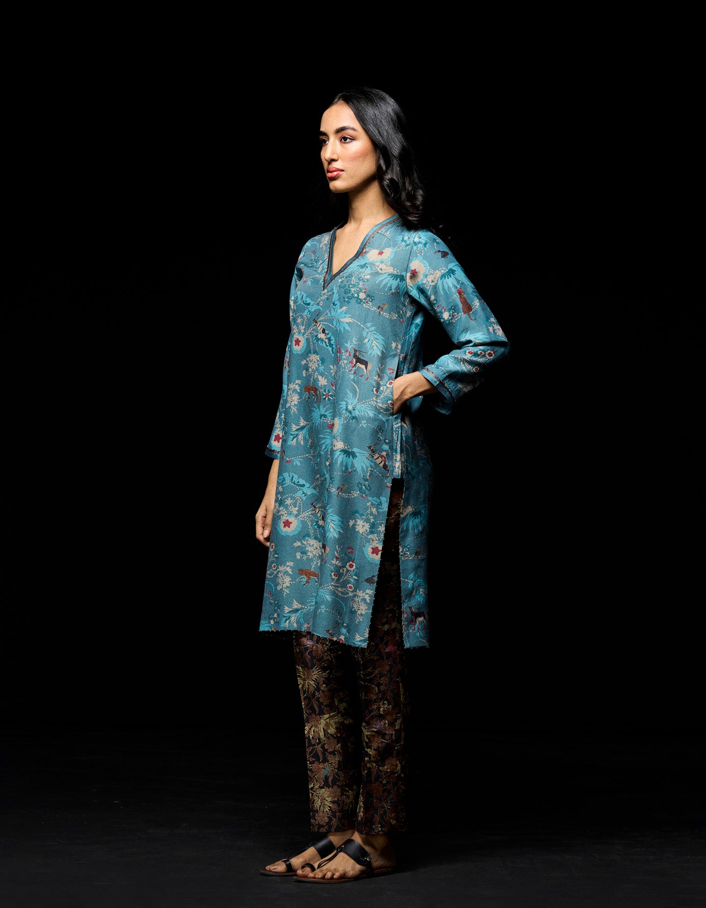 Roshan V Neck Kurta for Men - Premium Muga Satin Blue Indian Ethnic Wear - Perfect for Festivals, Weddings & Cultural Events