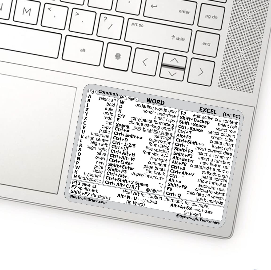 SYNERLOGIC Microsoft Word/Excel Windows 键盘快捷键贴纸 - 无残留乙烯基材质，白色小号，适合办公学习高效操作