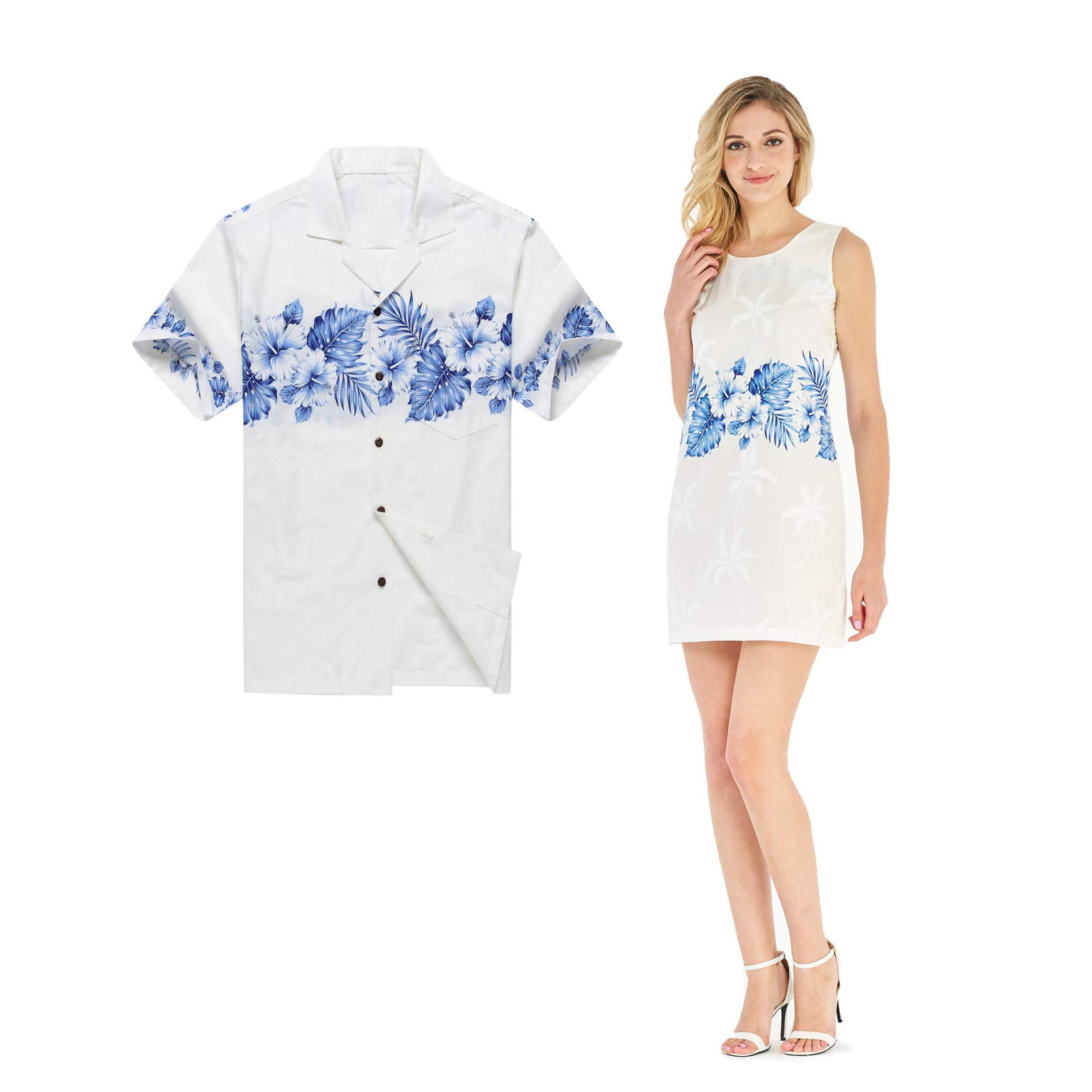 Hawaii Couple Matching Luau Aloha Shirt & Tank Dress Set - Cross White Grey - Tropical Vacation Outfits for Beach Party & Summer Date Night