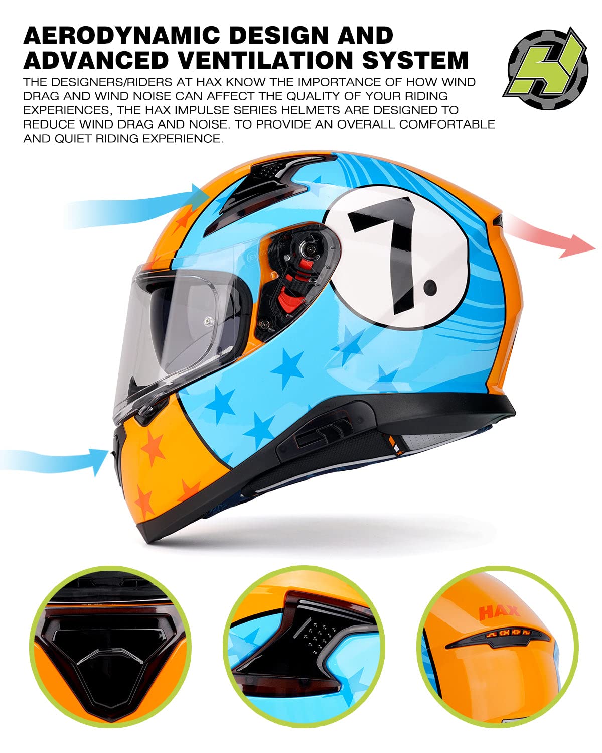 HAX Full Face Motorcycle Helmet DOT Approved - Lightweight & Durable Dual Rear Wing Design, Pinlock Ready for Street Biking - Adult Motorbike Helmet (Impulse Gulf Livery, Large) | Perfect for Commuting, Racing & Urban Riding