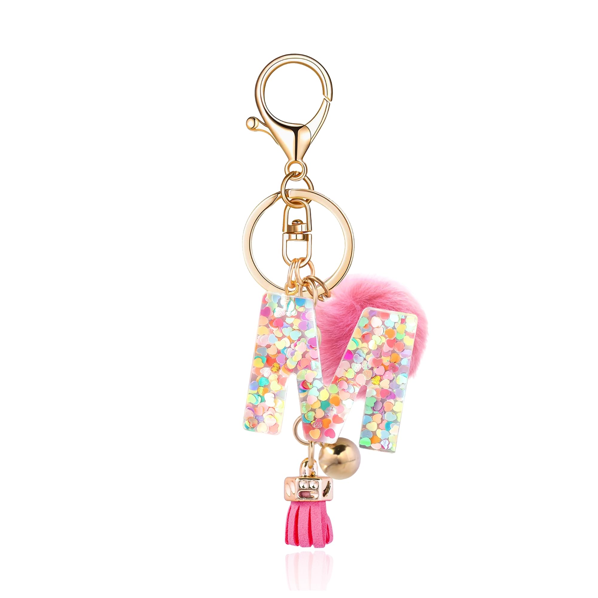 Personalized Resin Alphabet Initial Letter Keychain for Women - Custom Monogram Keyring with Soft Fur Ball Pom Pom - Perfect for Handbags, Purses, Backpacks & Gift Giving