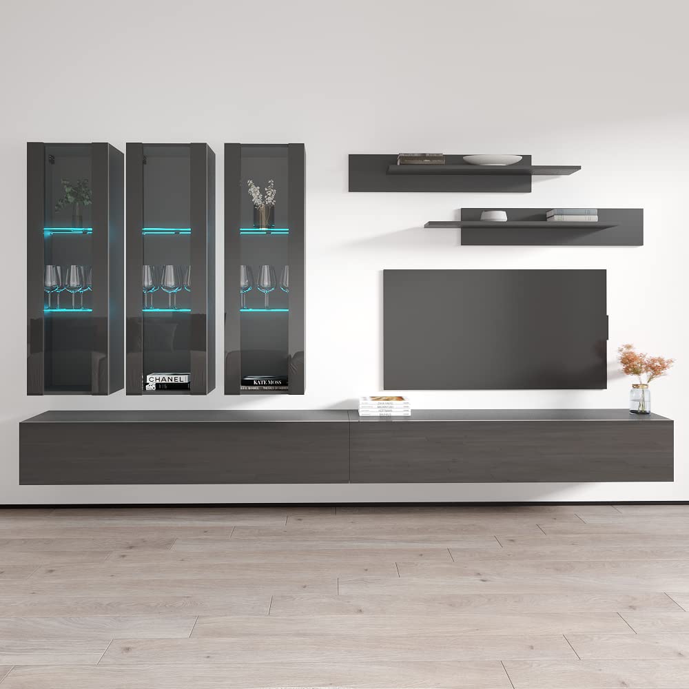 Modern Wall-Mounted TV Stand with Storage & LED Lights - Fly E3 Entertainment Center Console for Bedroom & Living Room - Space-Saving Gray TV Cabinet with Shelves - Perfect for Small Spaces & Home Theater Setup
