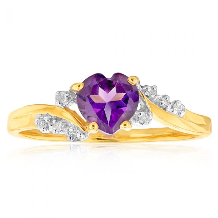 9ct Yellow Gold Amethyst Heart Ring with 8 Diamonds - Elegant Jewelry for Valentine's Day, Anniversary & Romantic Gifts