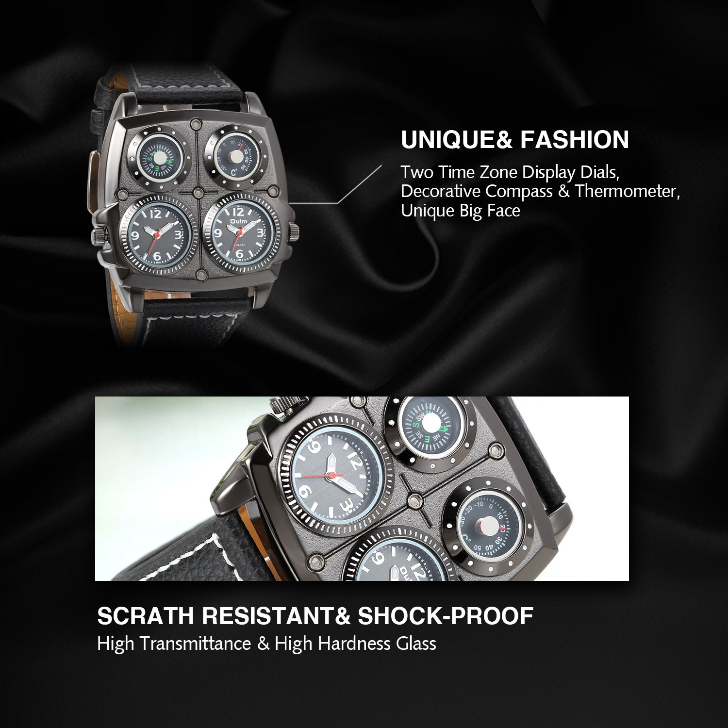 Avaner Men's Punk Watch - Unique Large Face Dual Time Zone Analog Quartz Wristwatch with Leather Strap, Decorative Compass & Thermometer Dial - Perfect for Outdoor Adventures, Travel & Fashion Statement