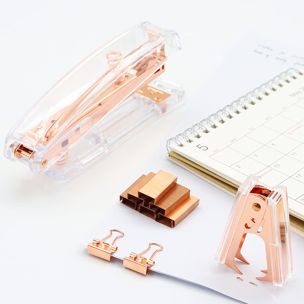 Rose Gold Office Supplies Desk Accessories Set - Acrylic Clear Stapler, Staple Remover, 1000 Staples, 72 Binder Clips & Paper Clips Push Pins - Perfect for Home, School & Office Organization (Great Gift Idea)