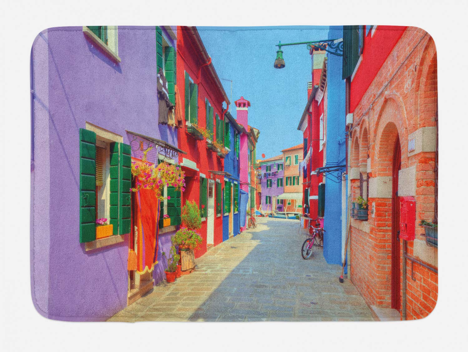 Ambesonne Non-Slip Plush Bath Mat - Venetian Burano Island Colorful Houses Design, 30.2 x 20 Inches, Multicolor - Soft Bathroom Rug for Home Decor, Kids & Guest Bathrooms