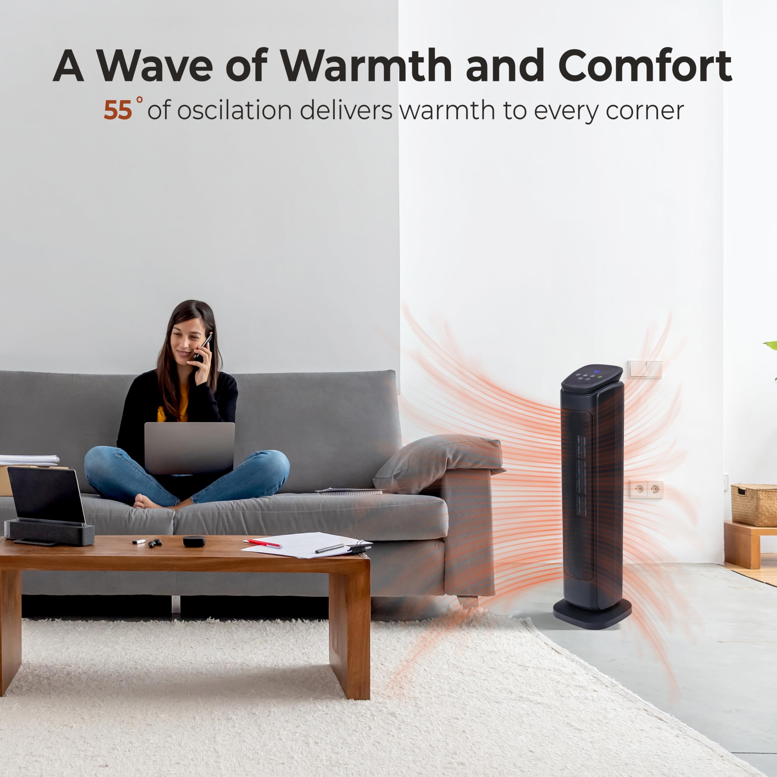 Comfort Zone 30-inch Indoor Space Heater with Remote Control, Thermostat & 12H Timer - 1500W Portable Room Heater with 50° Oscillation, 4 Heating Modes & Overheat Protection - Perfect for Bedroom, Office & Home Use