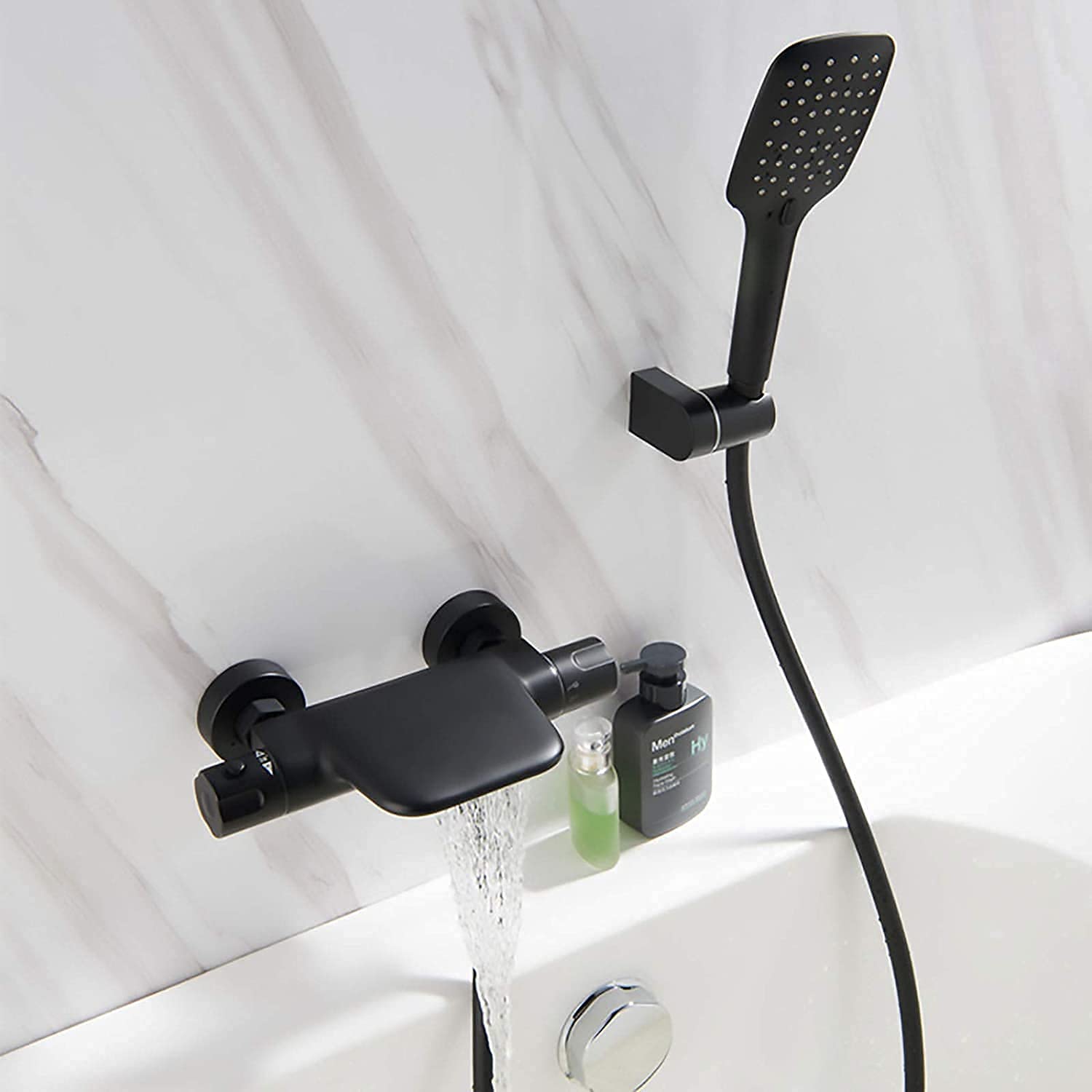 Premium Brass Bathtub Filler Mixer Tap with Waterfall Spout & Handheld Shower - Black Bathroom Faucet Set for Modern Luxury Bathing Experience | Perfect for Spa, Master Bath & Freestanding Tubs