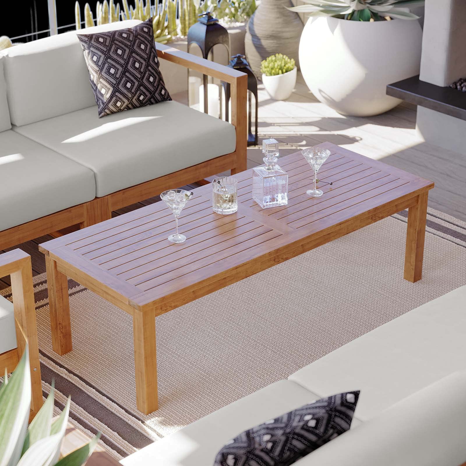 Modern Rectangular Wooden Lounge Coffee Table - Brown Natural Finish for Outdoor Patio, Balcony & Cafe Bistro | Perfect for Relaxing, Entertaining & Decorating Your Living Space