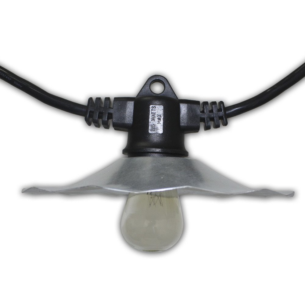 35-Ft Commercial Outdoor String Lights with 7 Sockets & Galvanized Shades - Includes 7 Clear S14 Bulbs & 14 Gauge Black Cord - Perfect for Cafés, Restaurants, Patios, and Backyard Decor