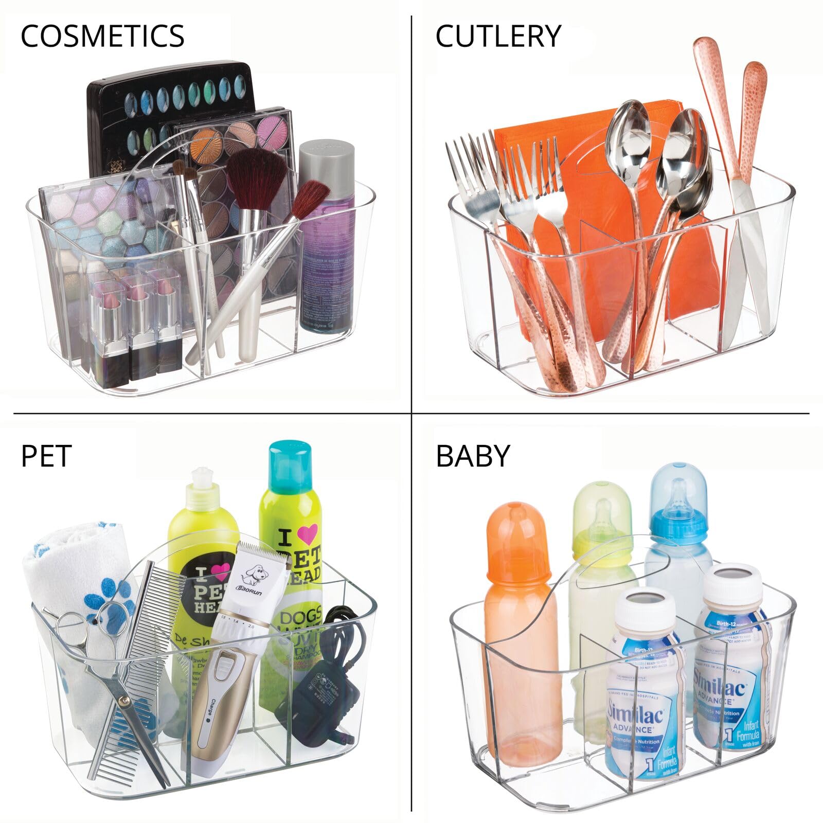 mDesign Plastic Cutlery Storage Organizer with Handle - Kitchen Cabinet Divided Caddy for Forks, Knives, Spoons & Napkins | Indoor Outdoor Use | Clear Lumiere Collection | Perfect for Picnics, BBQs & Dining Organization