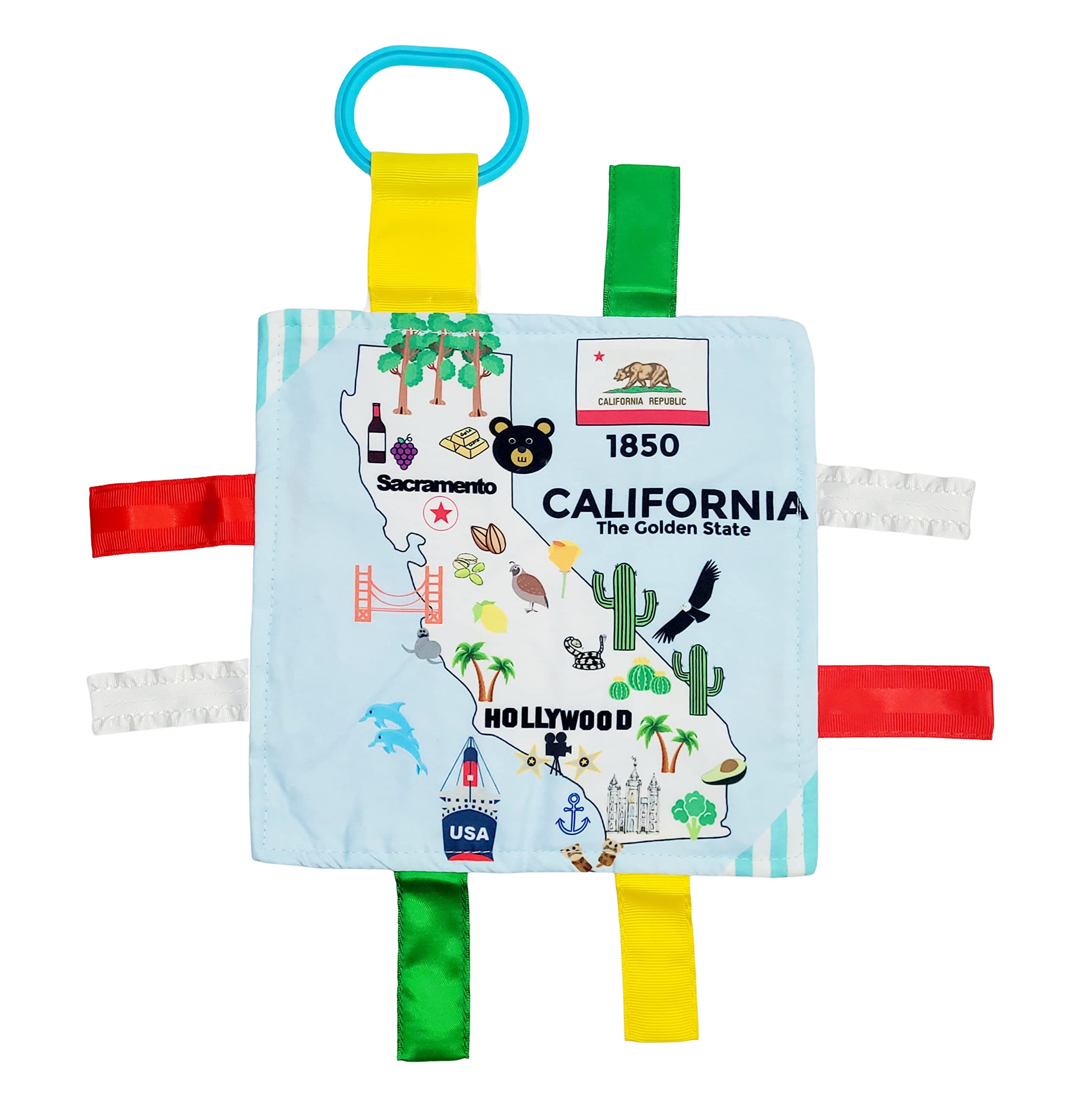 Baby Jack & Co 8x8 Inch Educational Lovey Tag Toy with Crinkle Sound - Soft & Safe BPA-Free Infant Toy Featuring USA State Facts (California) - Perfect for Stroller, Crib & Tummy Time Play
