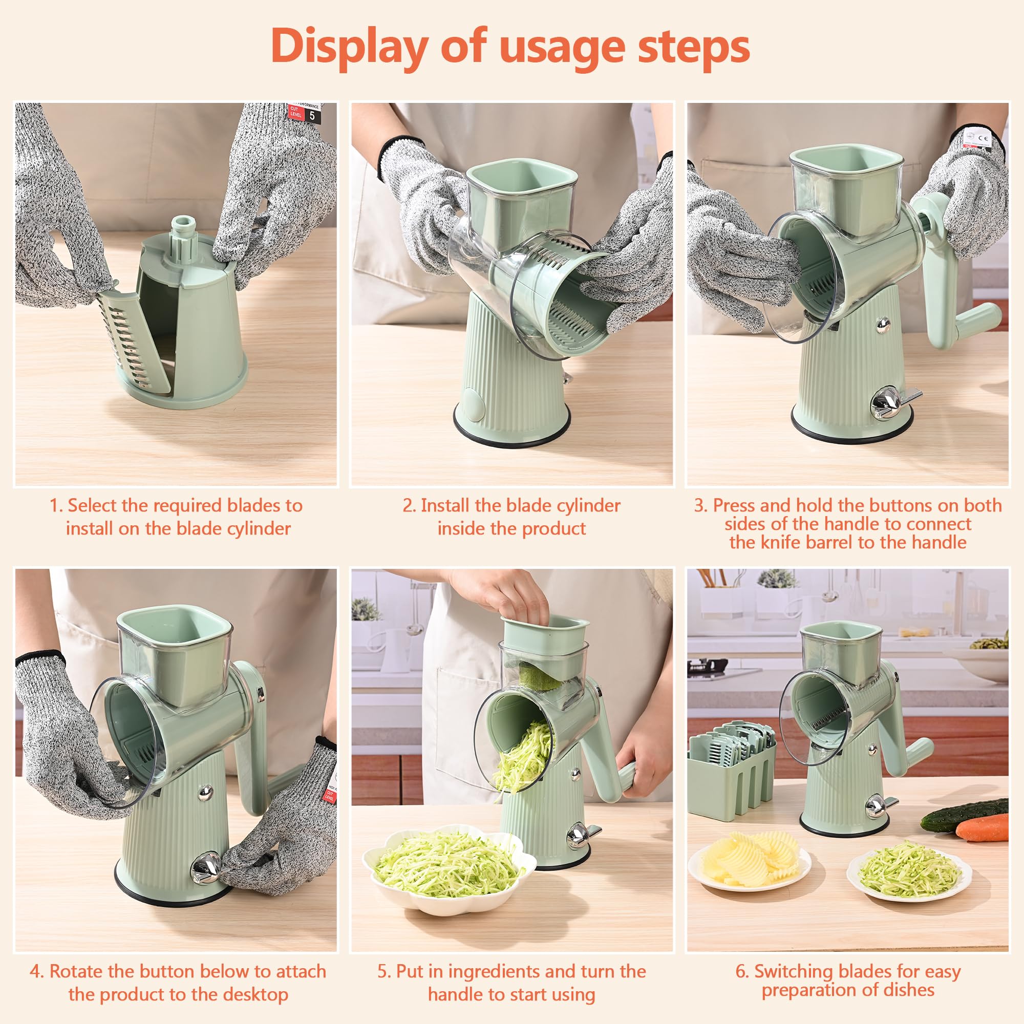 5-Blade Hand Crank Cheese Grater & Vegetable Slicer - Ergonomic Kitchen Countertop Shredder with Clean Brush for Cheese, Nuts & Matcha (Green) - Perfect for Meal Prep, Pizza Topping & Baking Accessories
