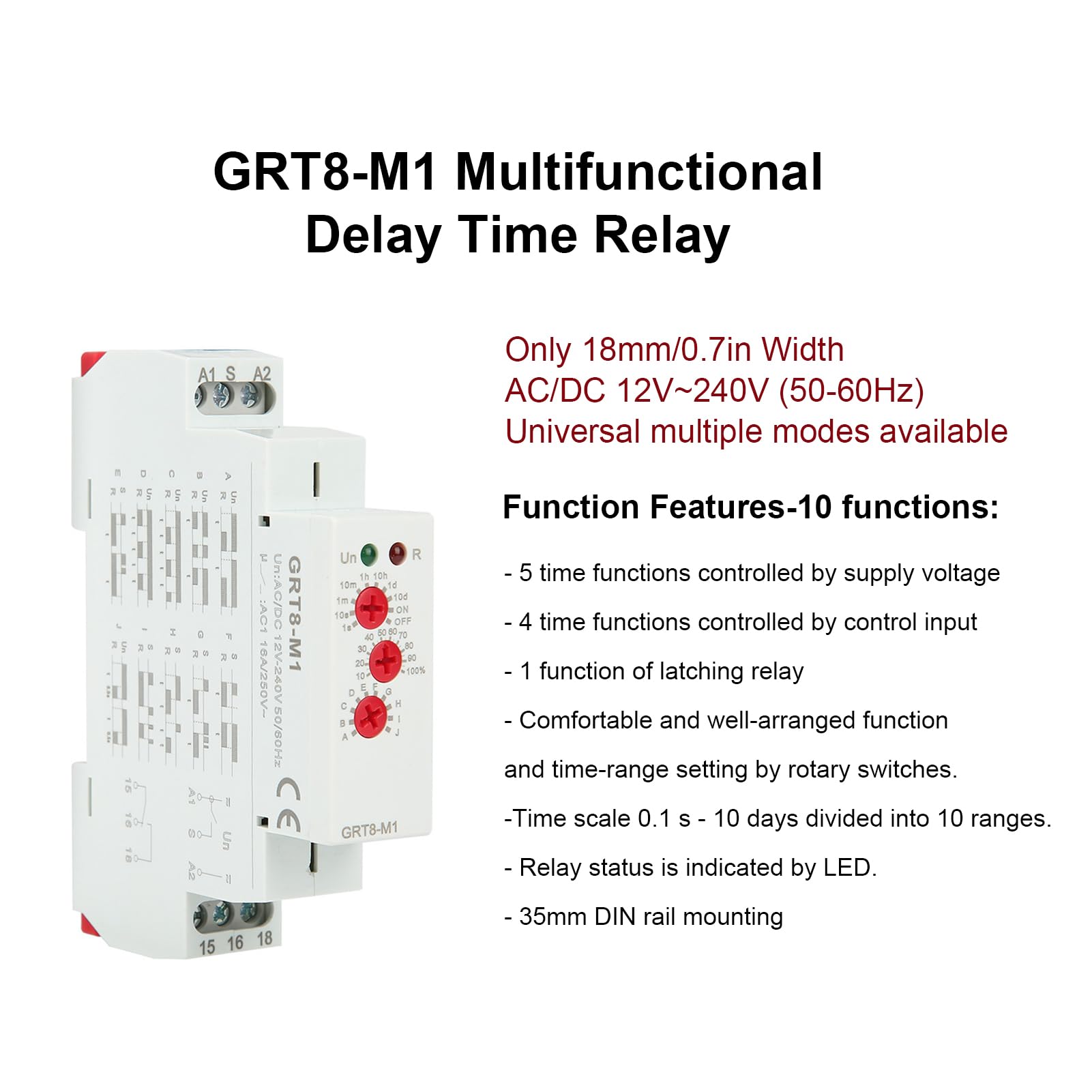 GRT8-M1 Multifunctional Time Delay Relay Timer with 10 Functions, DIN Rail Mount, AC/DC 12V-240V, On/Off Timer for Industrial Automation, HVAC Systems, and Electrical Control Panels