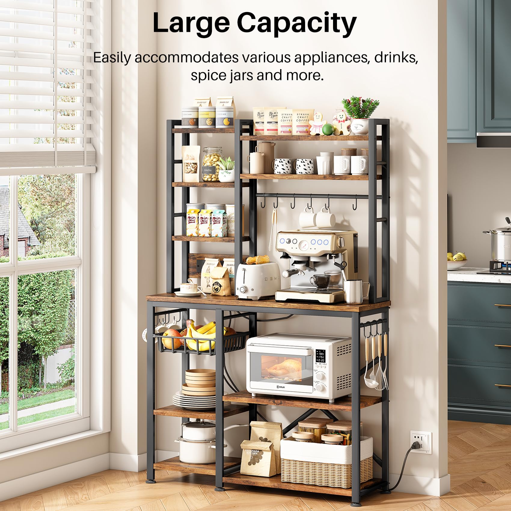 Baker Rack with Power Outlet - Microwave Stand with Storage, Large Coffee Bar Station with 14 Hooks, Metal Kitchen Shelf Organizer for Spices & Pots (Rustic Brown) | Perfect for Small Kitchens, Coffee Bars & Pantry Organization