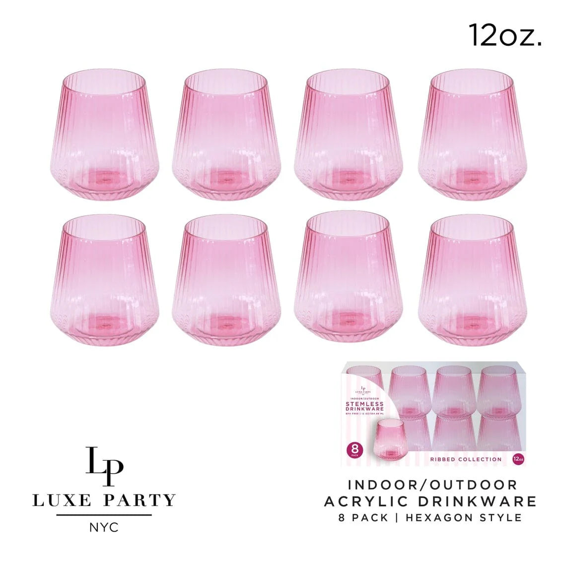 12 oz. Pink Plastic Stemless Ribbed Wine Goblets - 8 Pack Set for Parties, Weddings, and Outdoor Events - Shatterproof & Reusable Drinking Cups