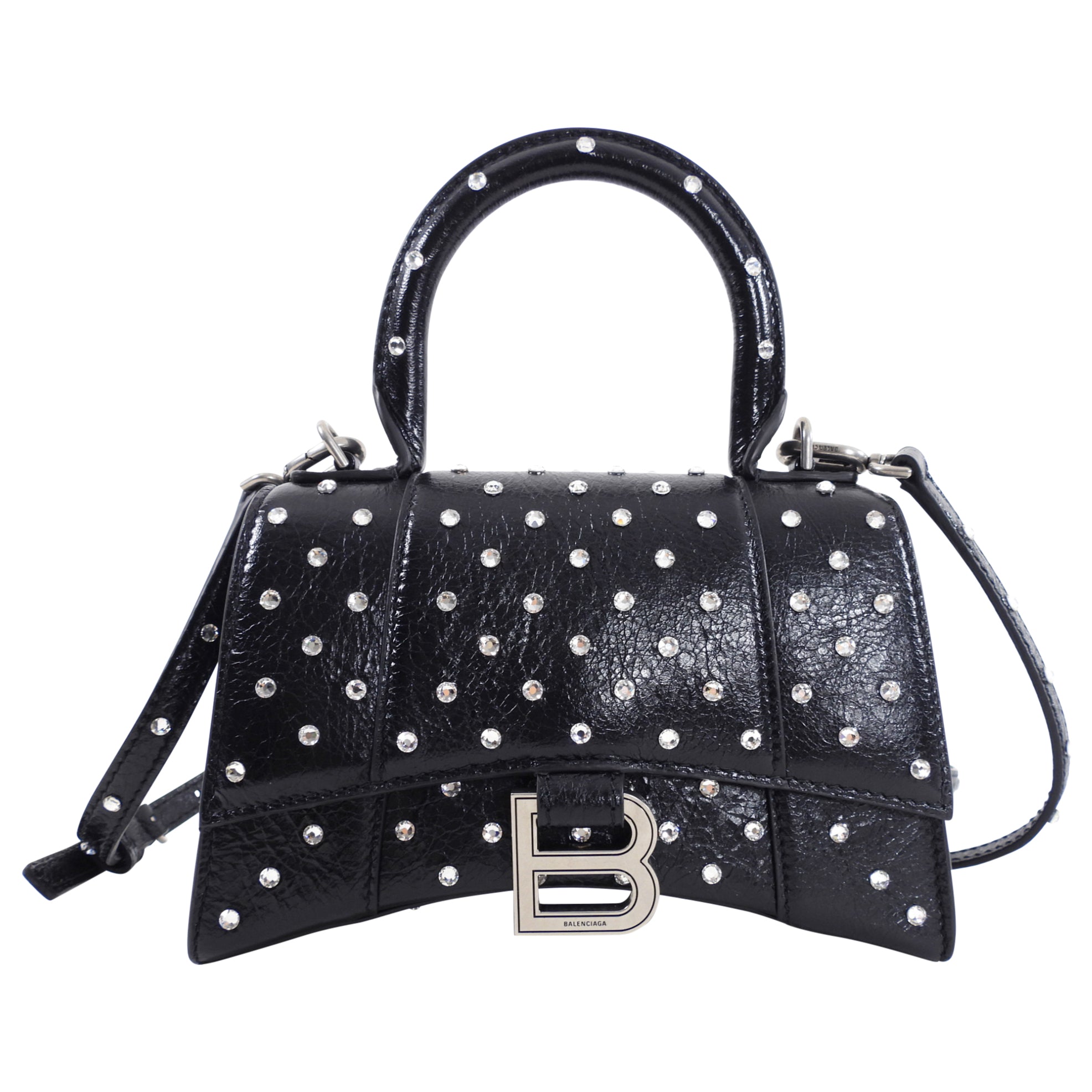 Balenciaga Black Hourglass XS Bag with Rhinestones - Luxury Evening Clutch for Parties, Weddings & Special Events