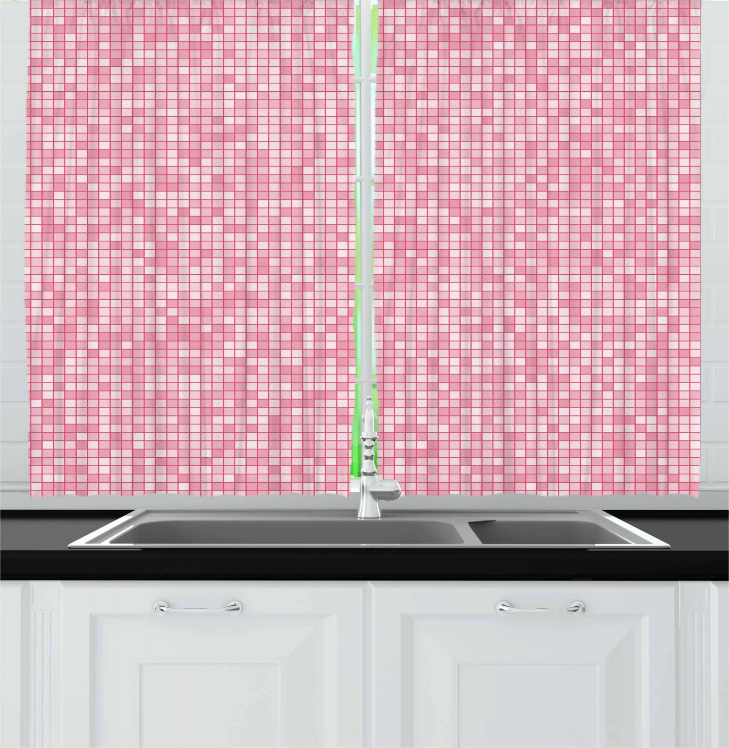 Ambesonne Pink and White Long Kitchen Curtains - Gingham Style Mosaic Tile Design in Pale Pink Shades, Modern Grid Pattern with Small Squares, 2 Panel Drapes with Rod Pocket (55