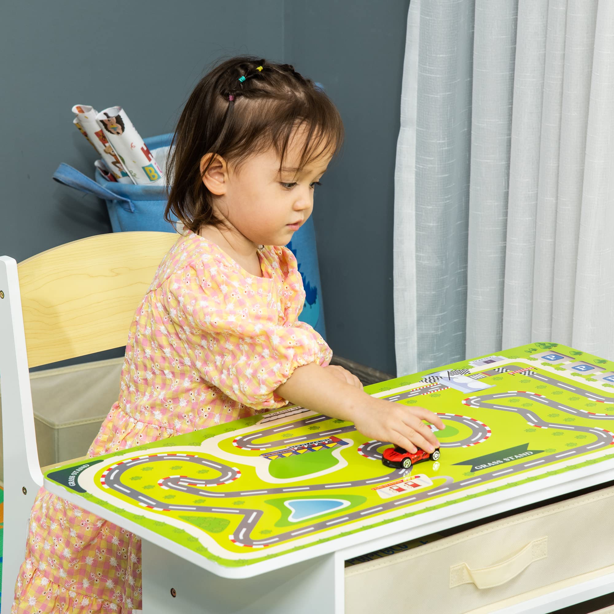 Qaba 3-in-1 Kids Activity Table and Chairs Set - Convertible Drawing Table, Building Blocks Play Table with Road Map & 2 Toy Cars, Includes Storage Baskets for Toddlers & Preschoolers - Perfect for Playroom, Daycare & Homeschool Learning Activities