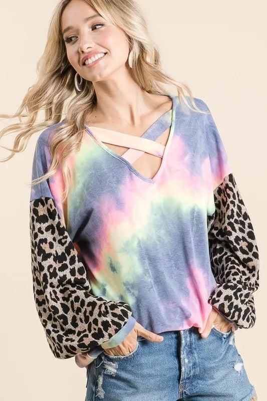 BiBi Tie Dye Terry Crop Top with Leopard Print Puff Sleeves | Trendy Women's Fashion for Summer Outfits, Music Festivals & Beach Vacations