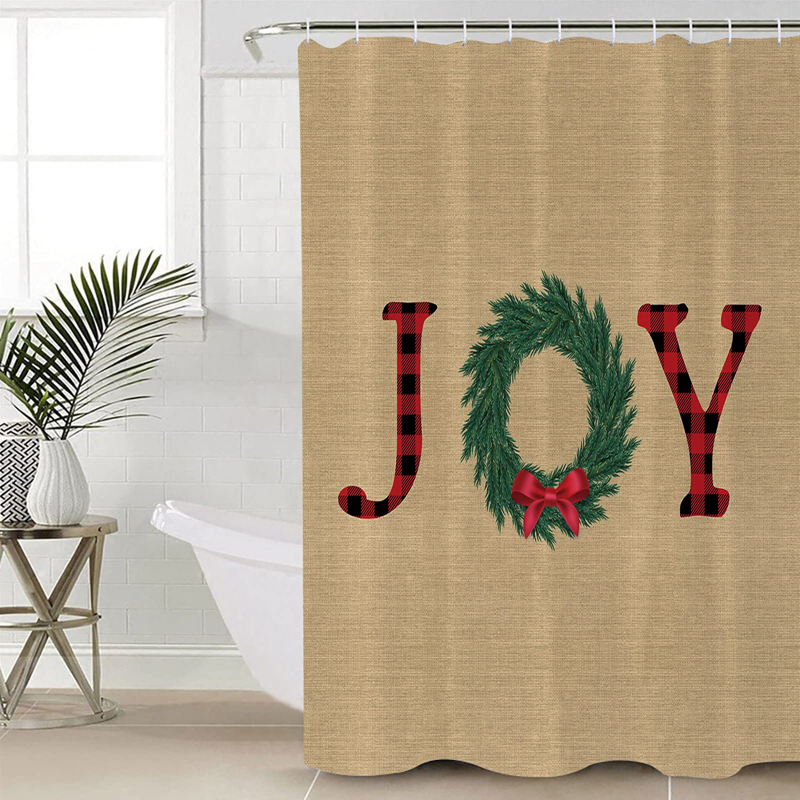 Waterproof Polyester Christmas Shower Curtain Set - 48x72 Inch Holiday Bathroom Decor with Red Lattice Wreath & Burlap Background for Showers & Bathtubs - Perfect for Festive Bathroom Makeovers & Christmas Home Decor