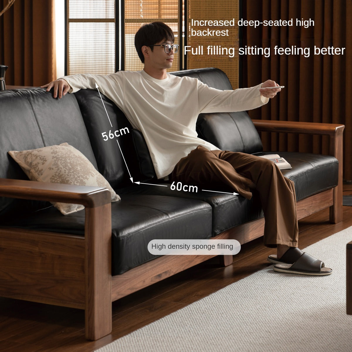 Black Walnut Solid Wood Modern Straight Sofa - Contemporary Minimalist Living Room Furniture for Small Spaces & Apartments