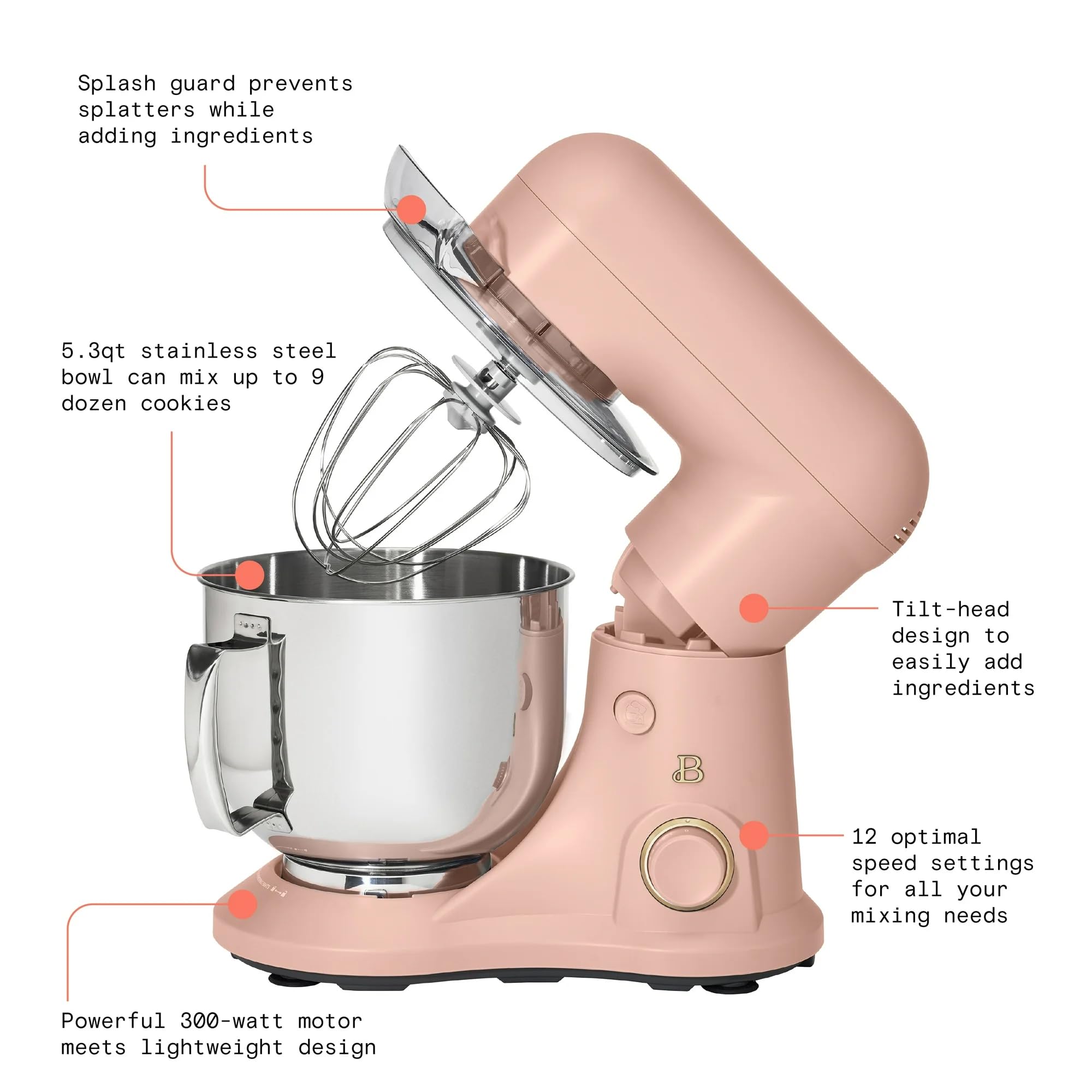 5.3 Qt Stand Mixer with Tilt-Head - Lightweight Powerful 300W Motor - 12 Speed Settings - Includes Beater, Whisk & Dough Hook - Splash Shield - by Drew Barrymore (Rose) - Perfect for Baking Cakes, Cookies, Bread & Pastries at Home