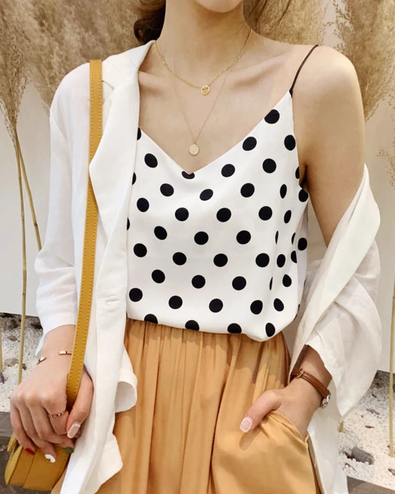 Polka Dot Silk Camisole for Women - Elegant Sleeveless Blouse for Summer, Party & Date Night | Soft Breathable Fabric for Comfortable Wear