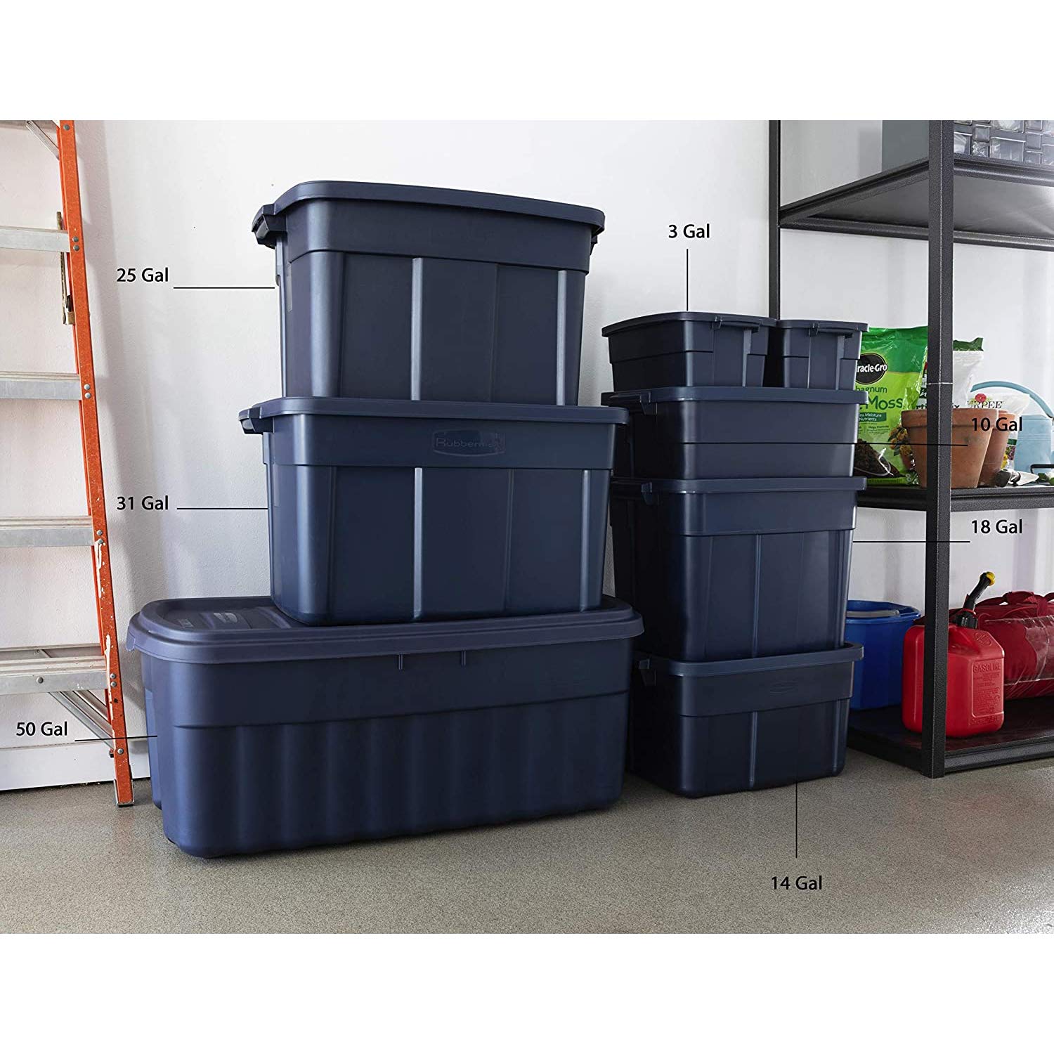Rubbermaid Roughneck 18 Gallon Heavy-Duty Plastic Storage Bins with Latching Lids - 12 Pack Dark Indigo Metallic Totes for Home, Office & Garage Organization | Perfect for Seasonal Decor, Toys & Tool Storage