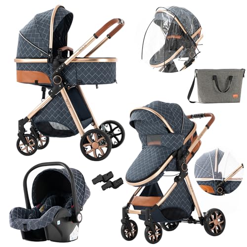 3 in 1 Convertible Baby Stroller Travel System - Reversible Luxury Infant Pushchair with Foldable Design, Standard Pram & High Landscape Buggy for Newborns (MGV9-BLUE) | Perfect for Shopping, Travel & Outdoor Walks
