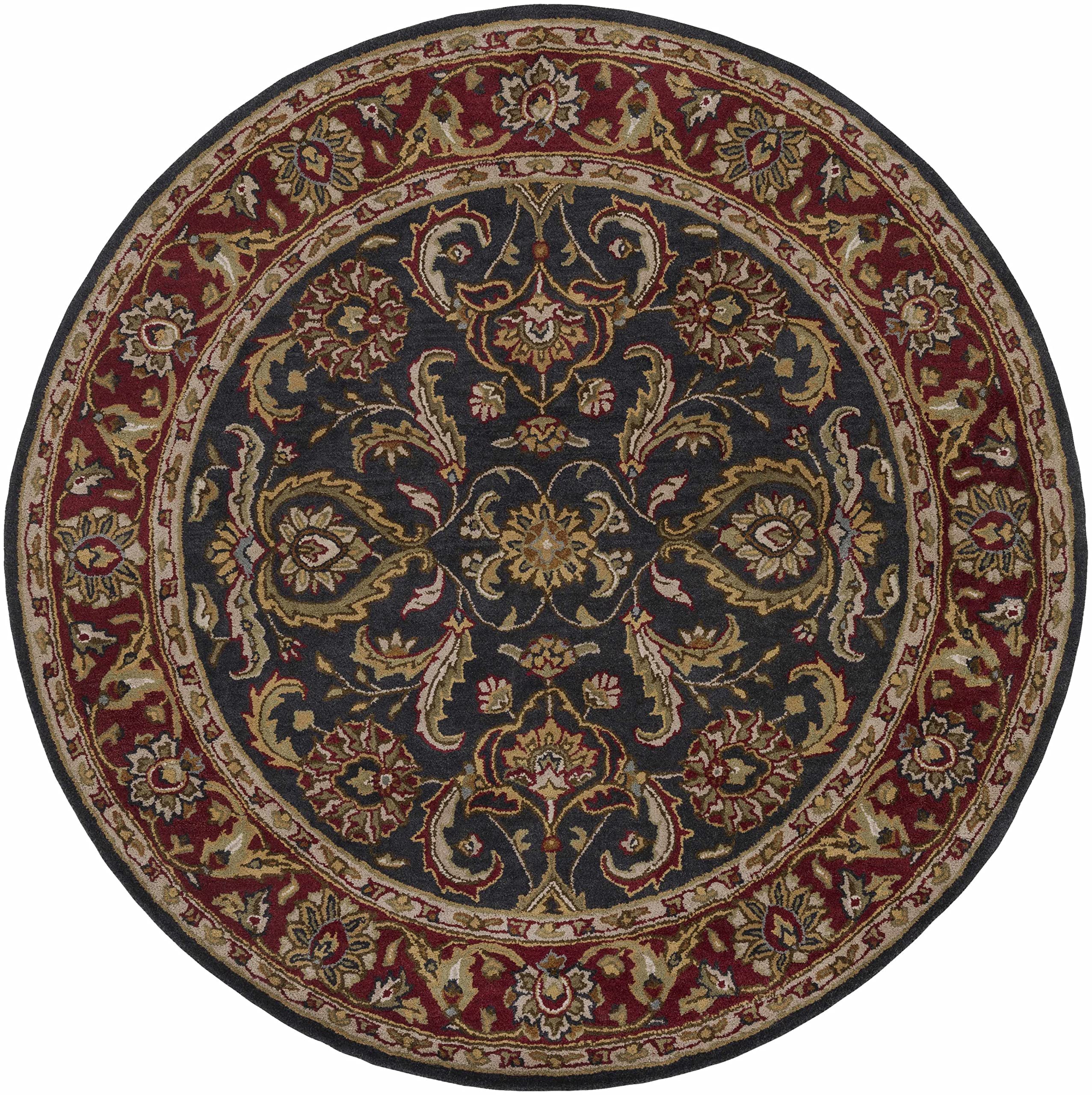 Hauteloom Bunola Wool Area Rug for Living Room & Bedroom - Traditional Handmade Round Rug in Red, Navy, Mustard - 8 Foot Round - Soft & Durable Home Decor for Cozy Spaces