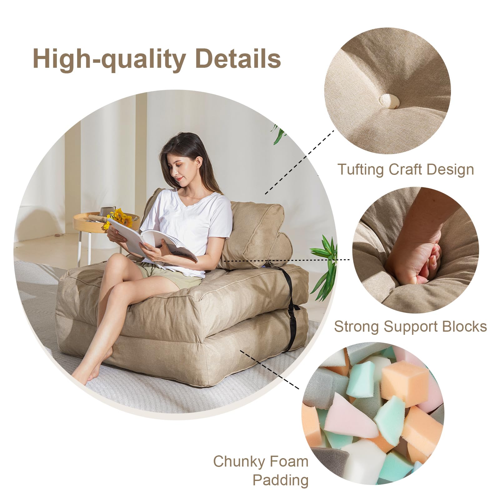 MAXYOYO Folding Couch Sofa Bed - Convertible Sleeper Chair with Back Support & Pillow, Beige - Perfect for Small Spaces, Guest Rooms & Apartments