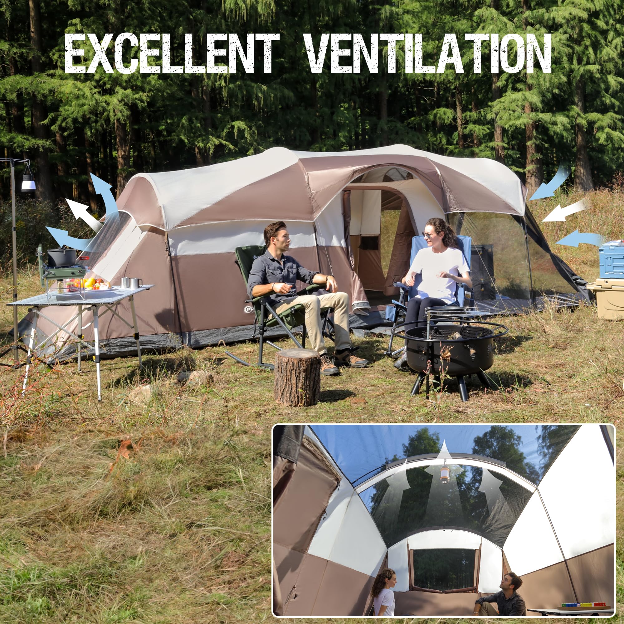 6/8/10 Person Waterproof Family Camping Tent with Screen Room & Rainfly - Spacious Tunnel Tent for Outdoor Adventures, Backpacking, and Group Parties