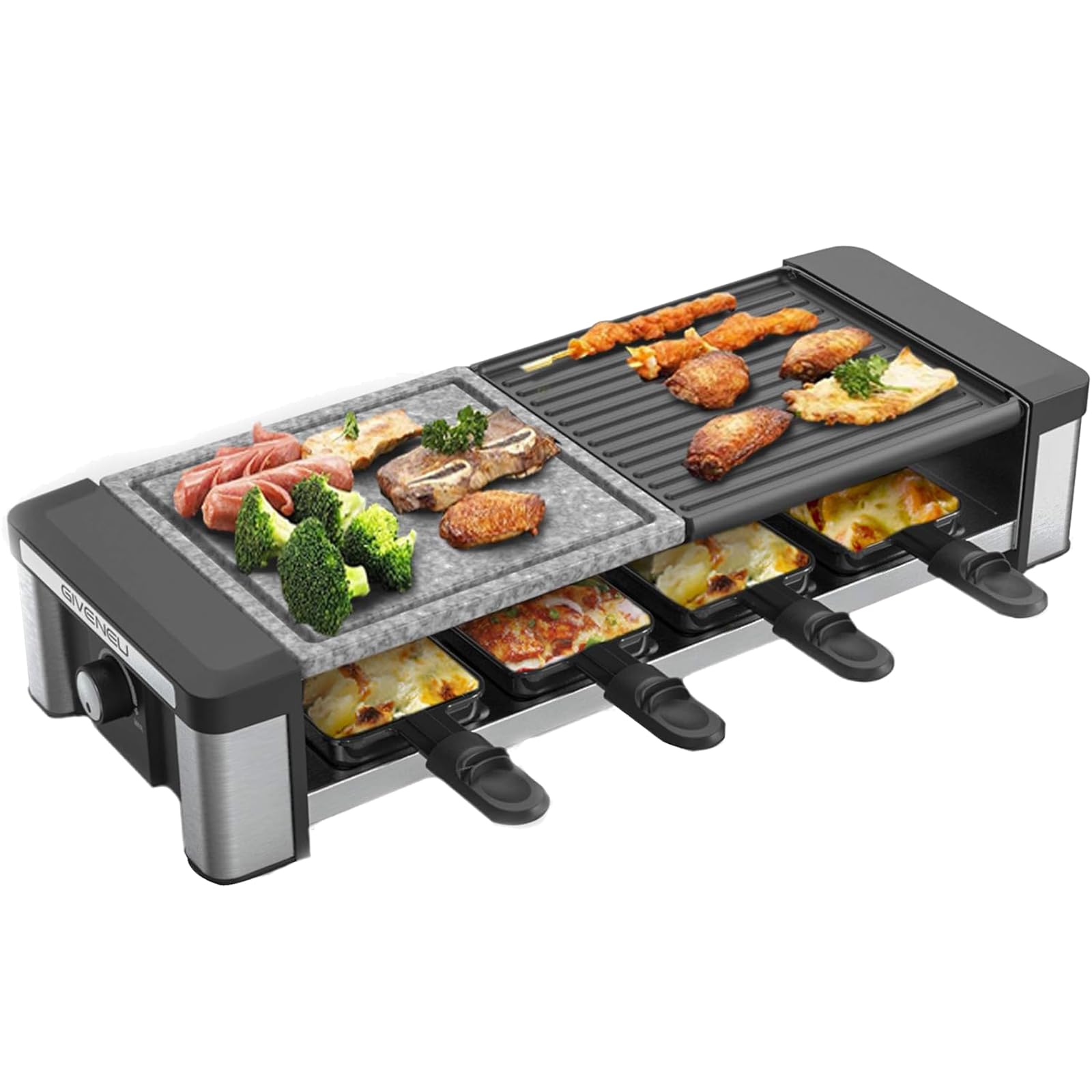 Electric Raclette Grill - 2-in-1 Indoor BBQ Grill with Non-Stick Plates & Stone, 1200W Fast Heating, 8 Cheese Melt Pans & Temp Control | Perfect for Family Gatherings, Dinner Parties & Cozy Winter Nights