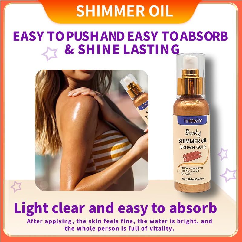 Golden Brown Shimmer Body Oil - Long Lasting Glow Highlighter for Face & Body Makeup | 3.4 Fl Oz | Perfect for Parties, Beach Days & Special Occasions