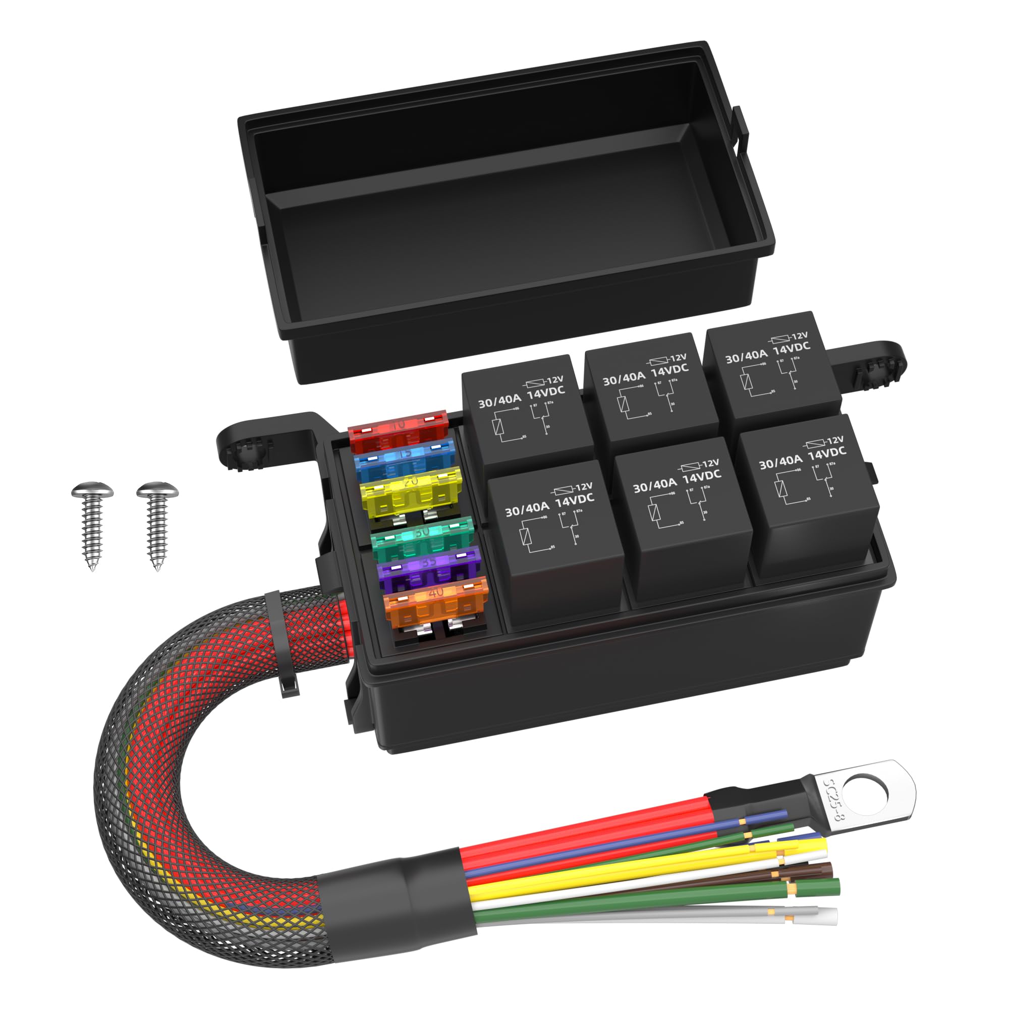 12V 6-Way Waterproof Fuse Relay Box with Pre-Wired 6 Relays & 12 ATC/ATO Fuses - Universal Relay Panel for Automotive, Car, Marine, Boat, RV, Truck - Perfect for Electrical System Protection and Power Distribution