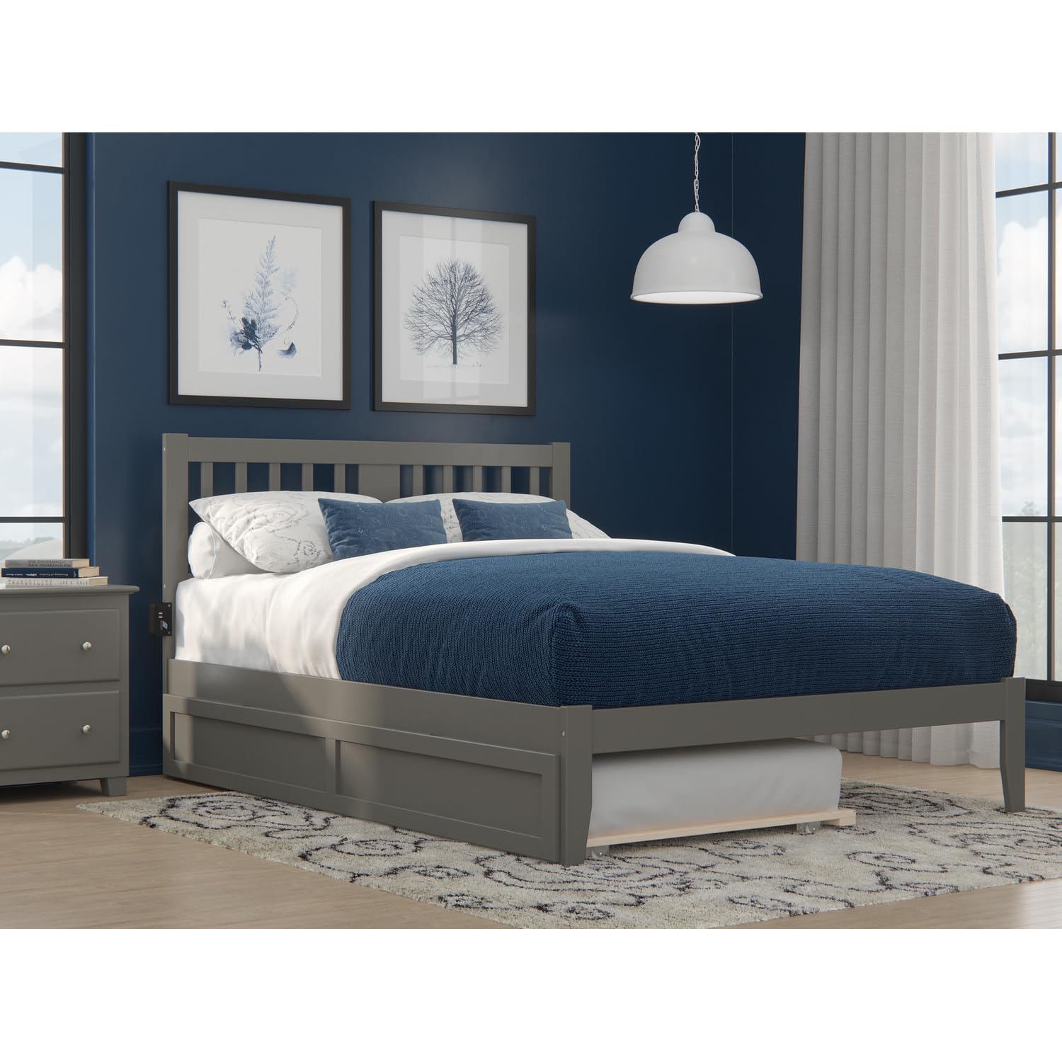 AFI Tahoe Queen Size Platform Bed with Twin XL Trundle & USB Charging Station - Modern Grey Wooden Bed Frame for Guest Rooms, Small Spaces & Multi-Functional Bedroom Furniture
