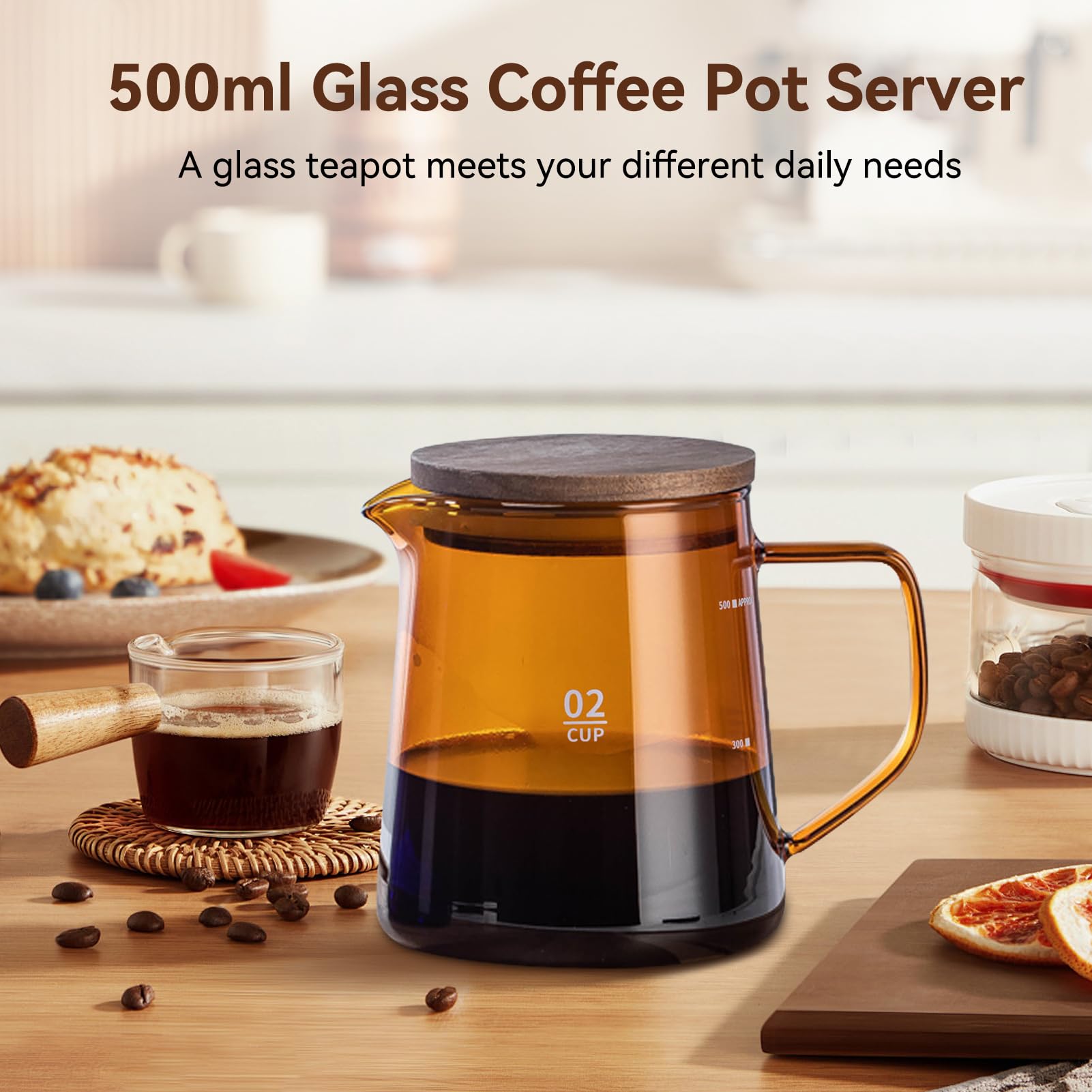 16.9oz Borosilicate Glass Coffee Carafe with Wooden Lid - Drip Coffee Maker Decanter, Manual Pour Over Coffee Server & Tea Steeper - Perfect for Home Brewing, Office Use, and Gift Giving (Brown)