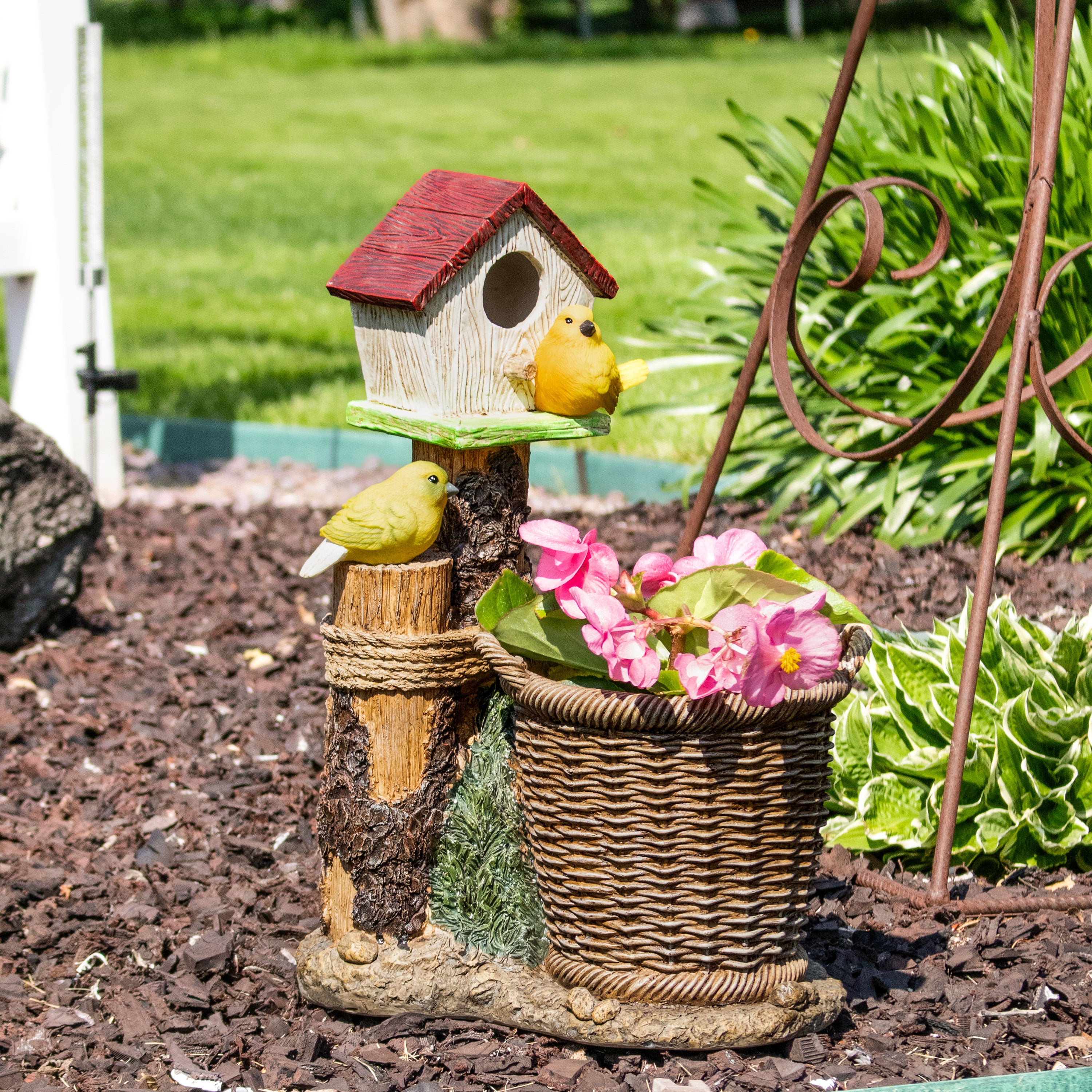 Solar-Powered Polyresin Bird House Planter with LED Lights - Outdoor Garden Decor for Patio, Yard & Lawn Decoration