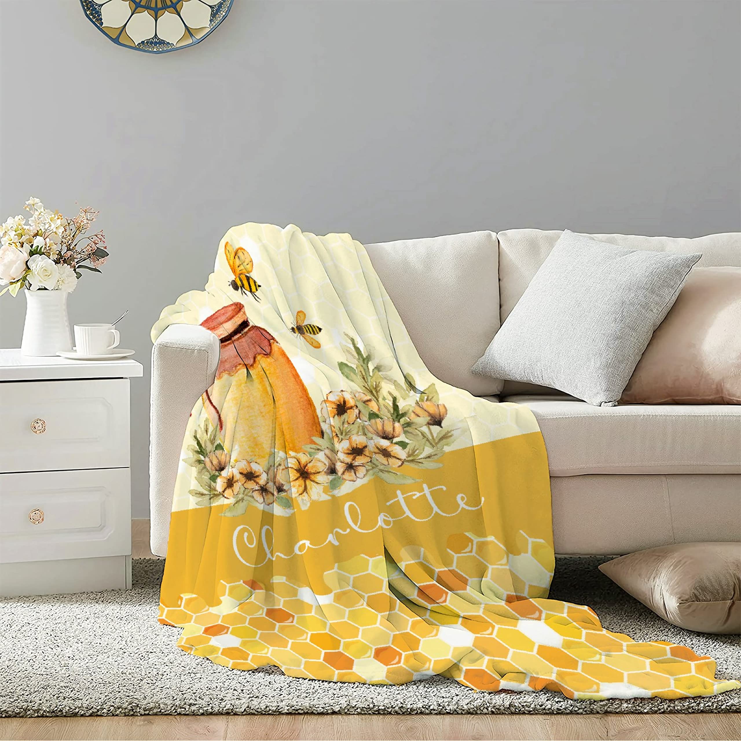 Personalized Baby Blanket with Name - Cute Bees Design Custom Fleece Throw Blanket for Boys & Girls - Extra Large 120