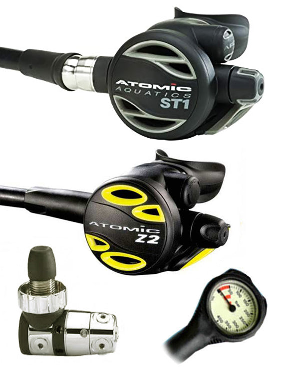 Atomic Aquatics ST1 Scuba Diving Regulator Set - DIN or Yoke Options with Free Termo Gauge | Professional Dive Gear for Ocean Exploration & Underwater Adventures