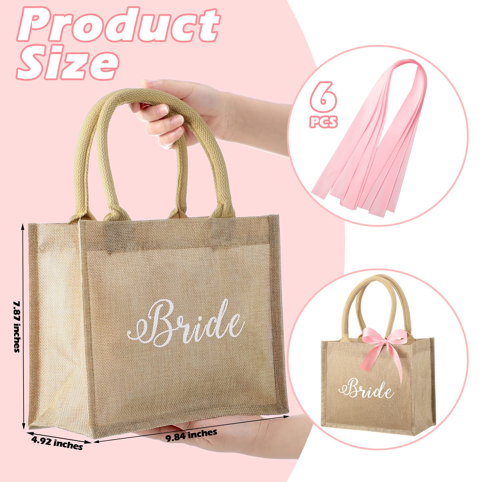 6 Pack Bridesmaid Tote Bags - Eco-Friendly Jute Burlap Wedding Gift with Pink Ribbon Handles (9.84