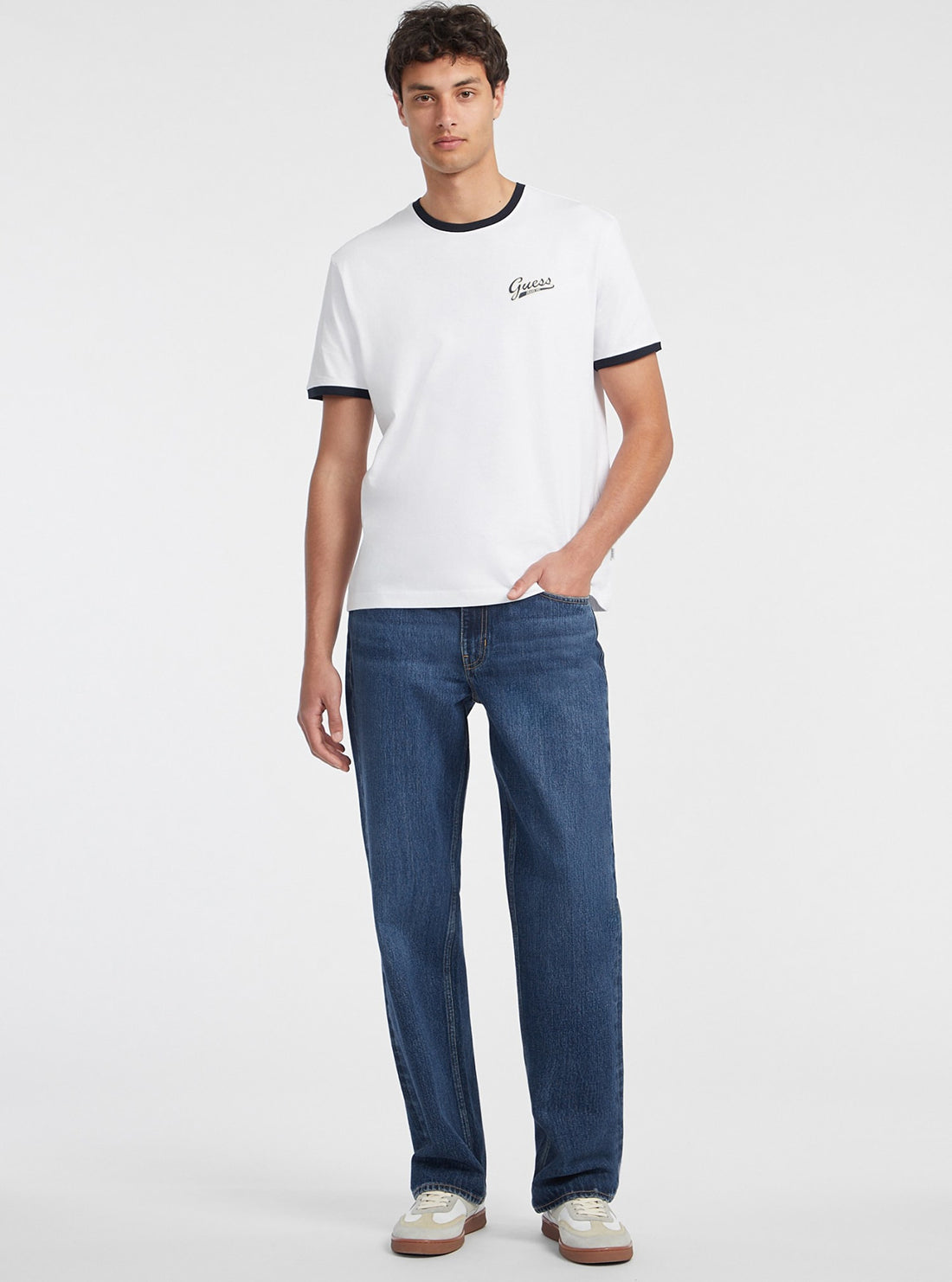 Guess Jeans White & Black Trim T-Shirt for Women - Stylish Casual Tee for Everyday Wear, Outings & Layering