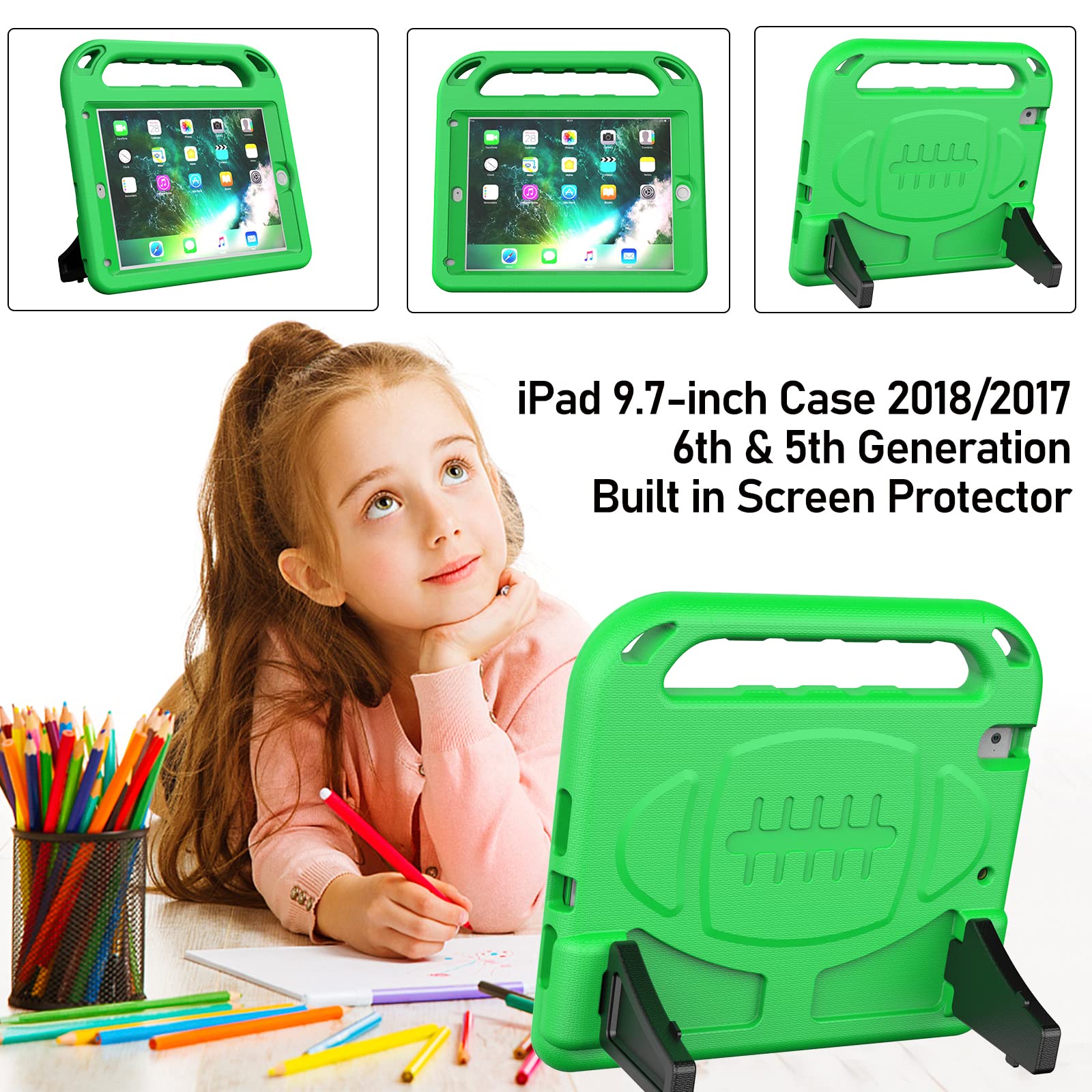 LTROP Shockproof Kids iPad Case for iPad 6th/5th Generation & Air 2 (9.7 Inch 2018/2017) - Built-in Screen Protector with Handle Stand - Green - Perfect for School, Travel & Home Learning