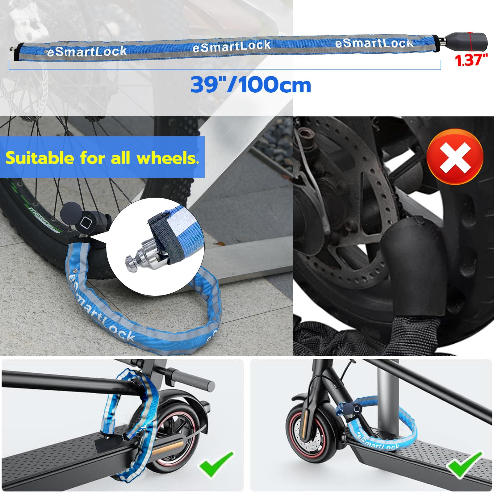 Eseesmart Fingerprint Bike Chain Lock - Heavy Duty Anti-Theft 3.28ft Smart Bicycle Lock with APP Control, Waterproof Security Cable for Bikes, Scooters, Motorcycles, Doors, Gates & Fences | Perfect for Urban Commuting, Outdoor Adventures & Home Security