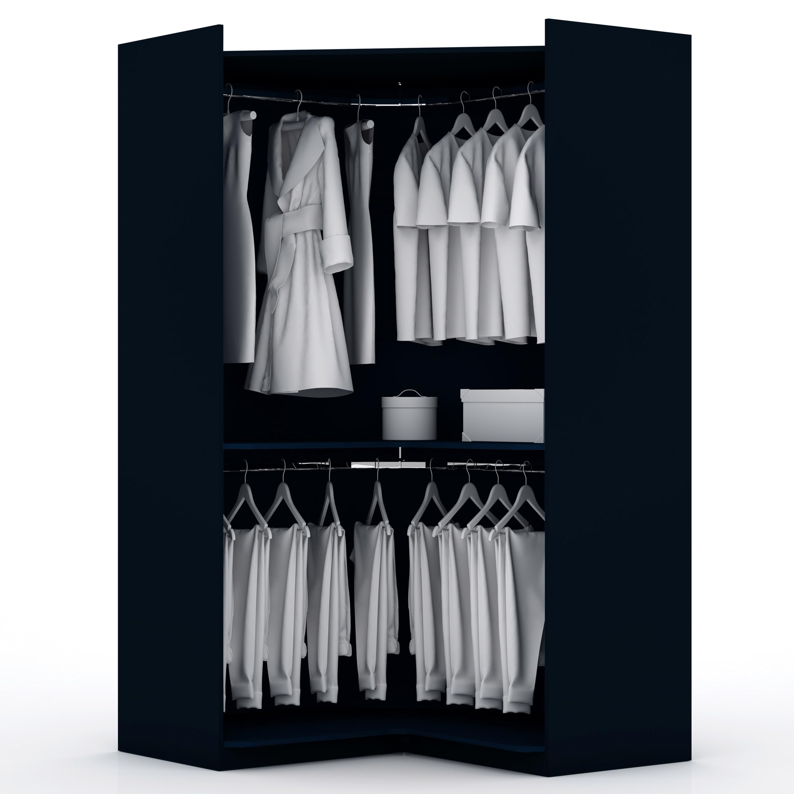 Modern Free-Standing Corner Wardrobe Closet with Rounded Hanging Rods & Open Shelves - Space-Saving Storage Solution for Bedroom, Living Room or Office - Tatiana Midnight Blue by Manhattan Comfort