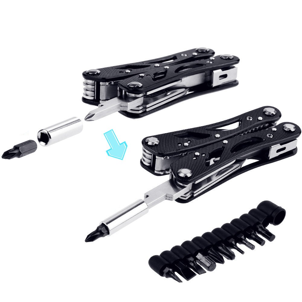 Poeland 10-Piece Stainless Steel Multitool Pliers Set with 11 Screwdriver Bits - Perfect for Home Repairs, DIY Projects & Emergency Tool Kits | Black