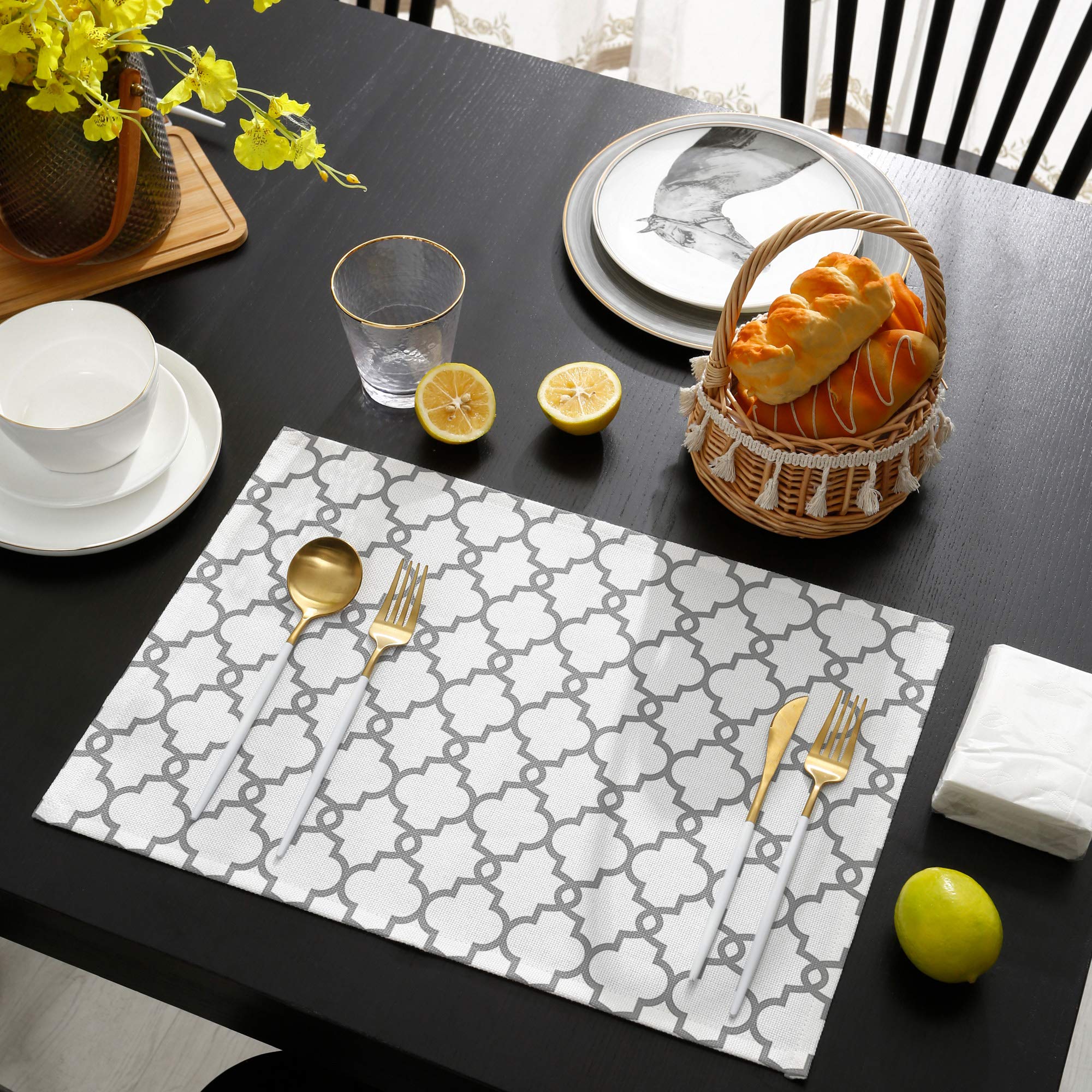 4-Pack Heat-Resistant Moroccan Linen Placemats for Dining Table - 12x18 Inch Traditional Quatrefoil Lattice Pattern in Grey & White - Perfect for Home Decor, Dinner Parties & Holiday Tablescapes