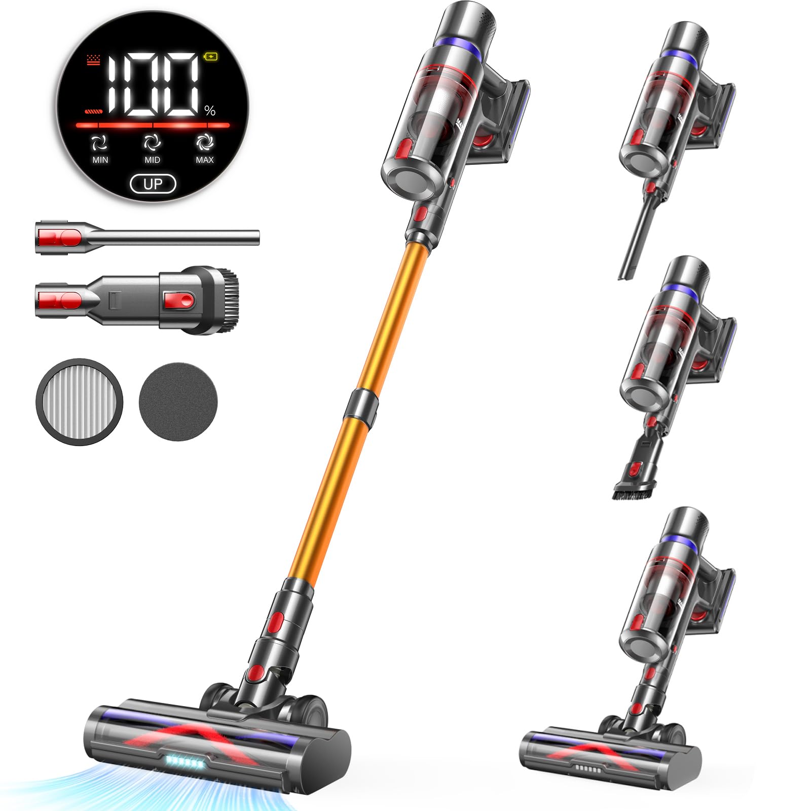 Powerful 45KPa 550W Cordless Vacuum Cleaner - 65 Mins Runtime, LED Touch Screen, Anti-Tangle Technology - Rechargeable Stick Vacuum for Pet Hair, Carpet & Hardwood Floors | Perfect for Home Cleaning, Car Detailing & Quick Pickups